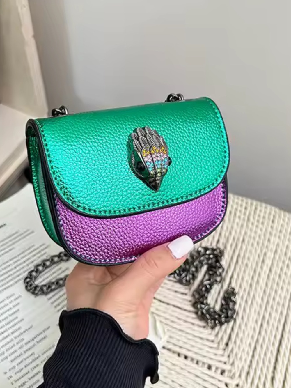 Designer inspired Iridescent Green and Purple Mini Crossbody Bag